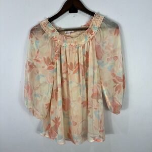 Lauren Conrad Blouse XS Sheer Floral Smocked Neck Peasant‎ Boho Cottage Fairy